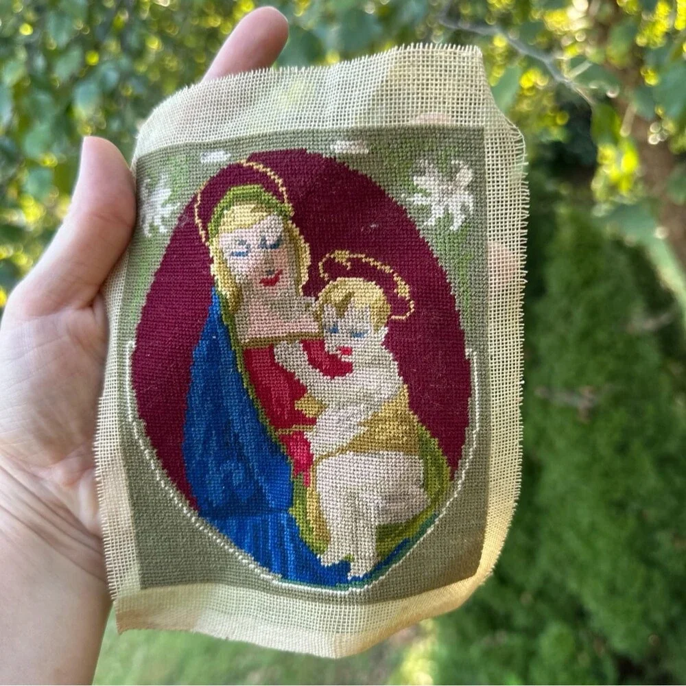 Vintage Unframed Hand-Stitched Needlepoint Virgin Mary Madonna & Child